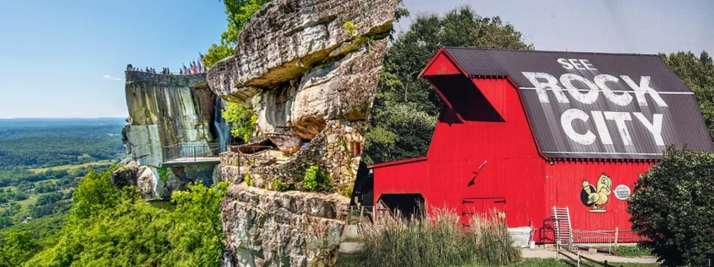 Dramatic cliff overlook at Lover’s Leap in Rock City and red barn with rock city logo