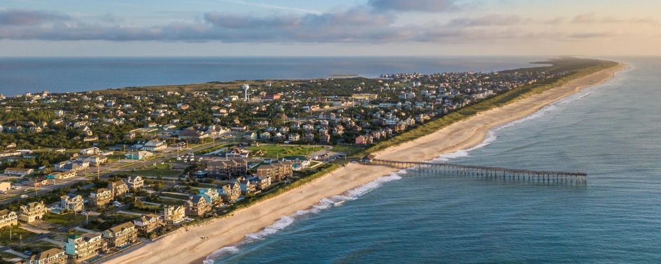Aerial view of the Outer Banks, North Carolina with coastline, beach, and ocean