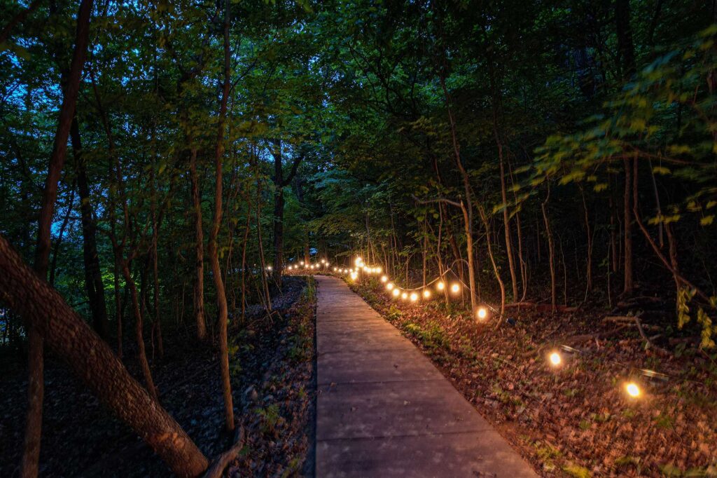 Twilight walking path lit with string lights through the woods on Lookout Mountain