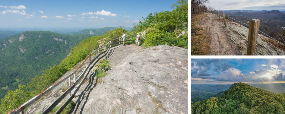 Rocky overlook with safety railing along Whiteside Mountain trail.