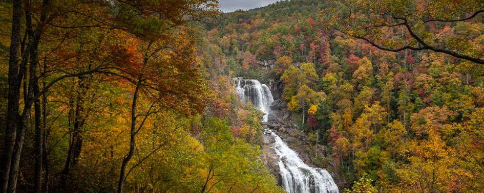 Whitewater Falls in North Carolina surrounded by fall foliage