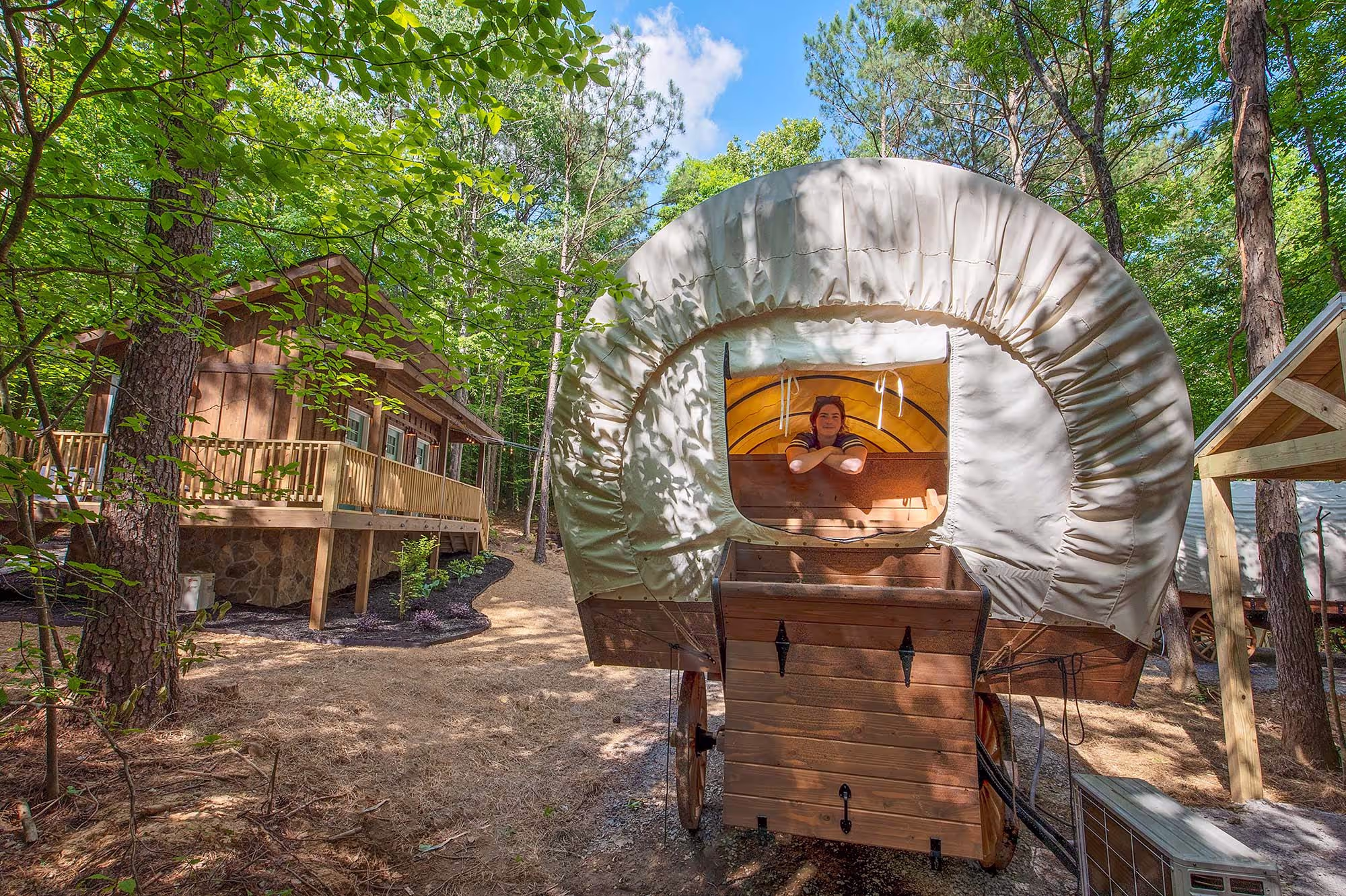 Girl in the back of a Glamping Wagon in Tennessee