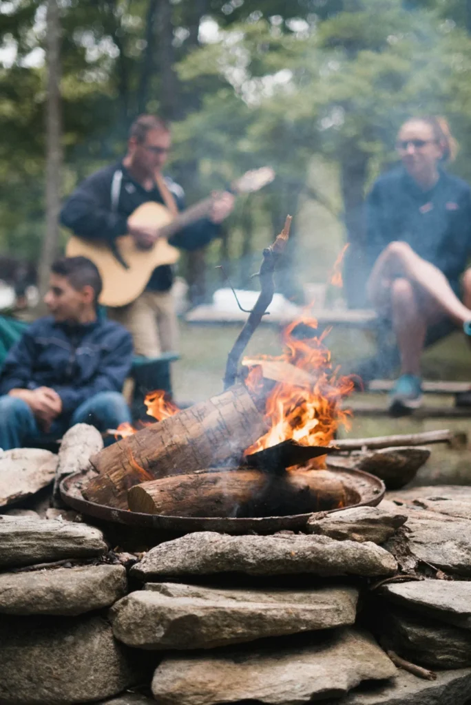 A campfire lit up with people in the background playing guitar and singing