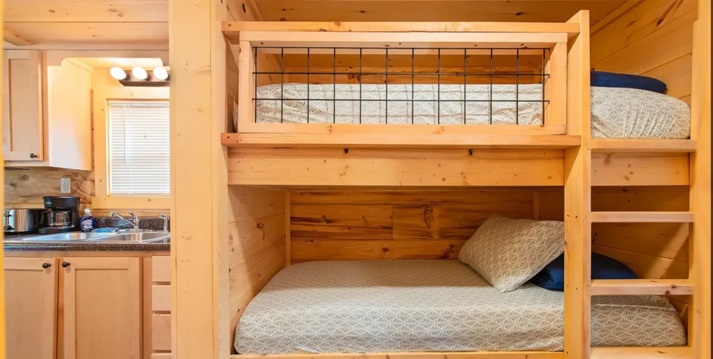 Bunk beds in a tiny cabin
