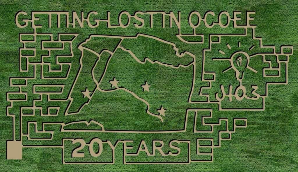 Aerial view of a corn maze at Ocoee Valley Farms in Benton Tennessee