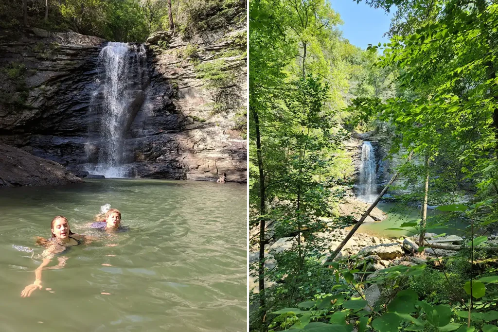 Hikers swimming at Rainbow Falls on Signal Mountain near Chattanooga