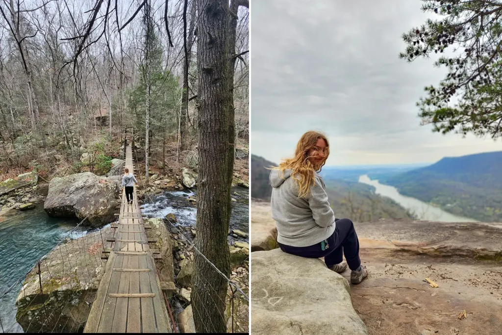 Hiker sitting at Edwards Point overlook on Signal Mountain with sweeping river gorge views