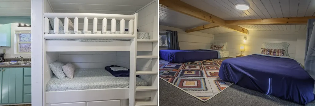 Built-in bunk beds inside a tiny cabin loft at Wauhatchie Woodlands in Chattanooga, Tennessee