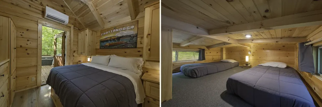 Loft sleeping area with twin beds inside a tiny cabin rental at Wauhatchie Woodlands in Chattanooga