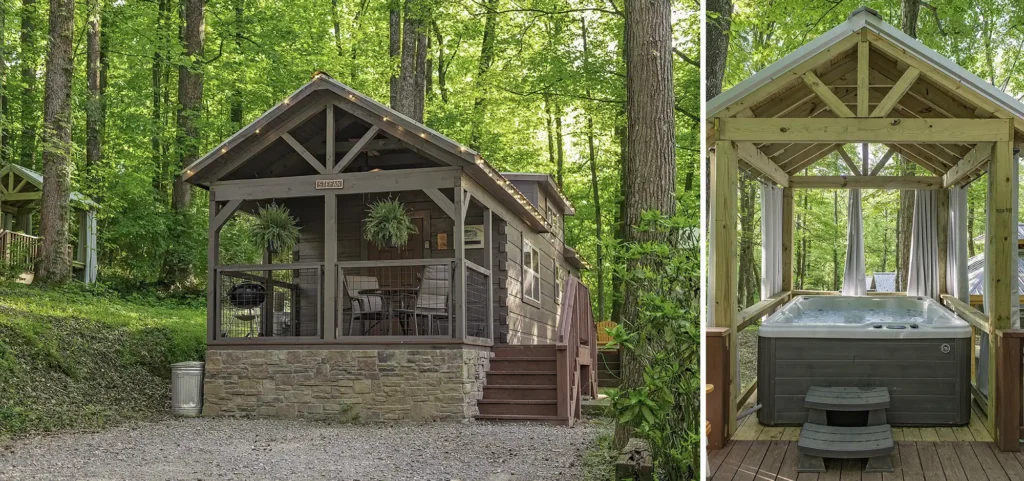standard tiny cabin rental with private hot tub under a cabana